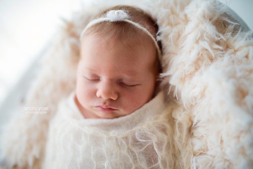 צילומי ניובורן תינוקת עטופה לבן וסרט לבן בשערה - סטודיו אנדה יואל