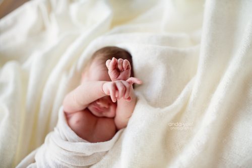 צילומי ניובורן תינוקת עטופה בד לבן בתוך שמיכה לבנה מכסה עיניה - סטודיו אנדה יואל